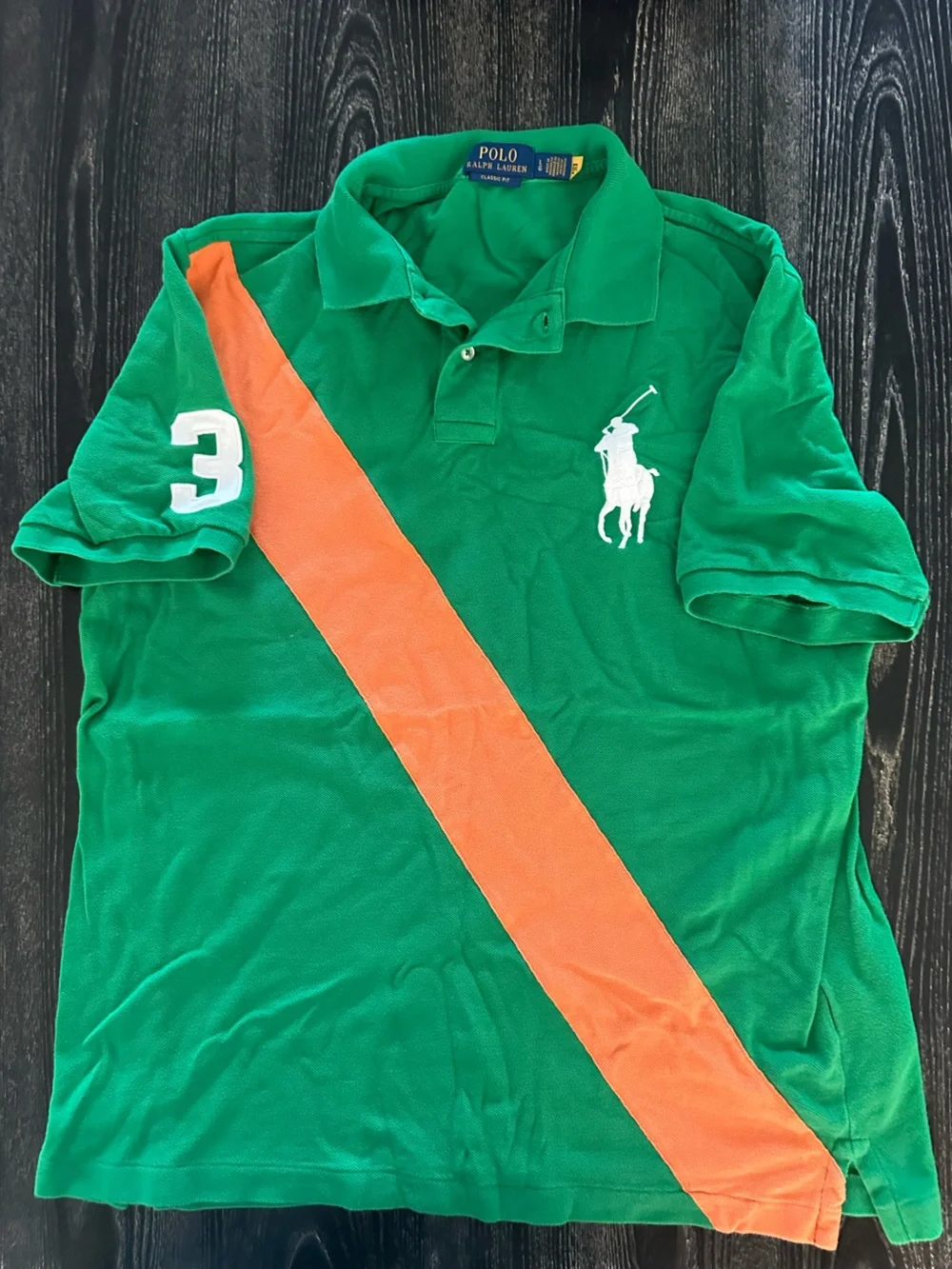 Polo by Ralph Lauren Green Polo Shirt with Orange Diagonal Stripe and White Pony
